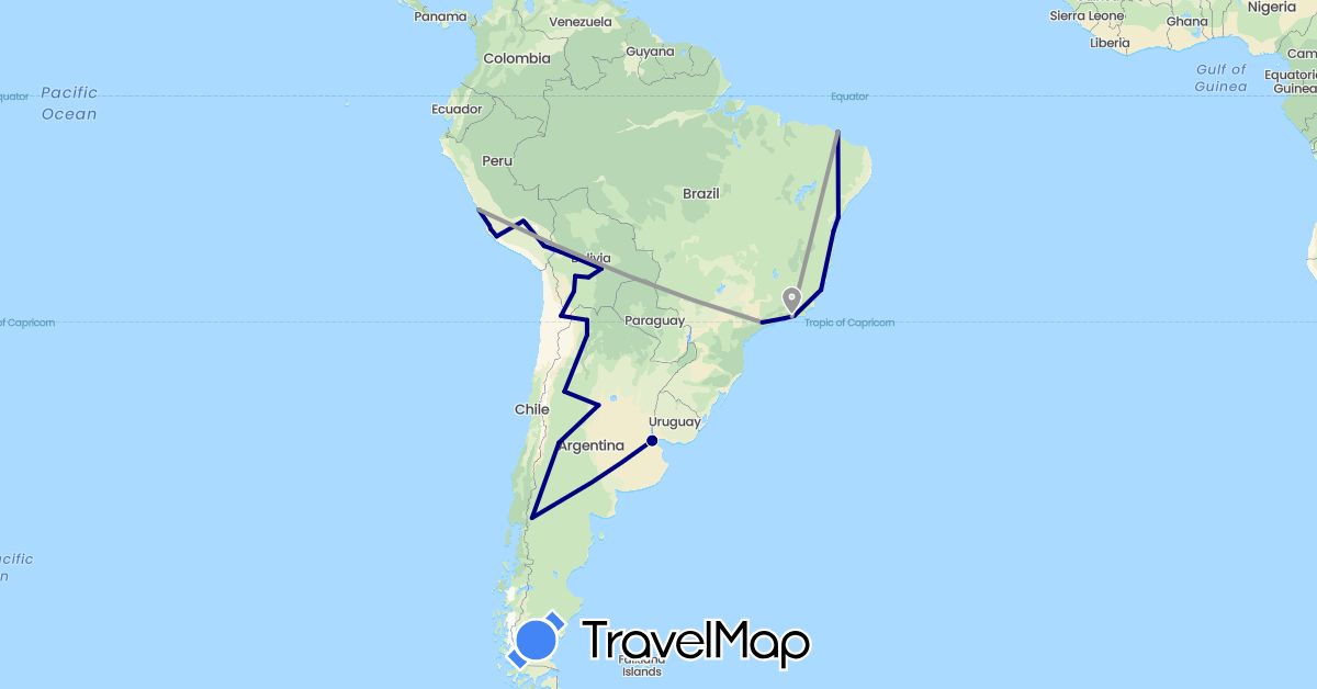 TravelMap itinerary: driving, plane in Argentina, Bolivia, Brazil, Chile, Peru (South America)